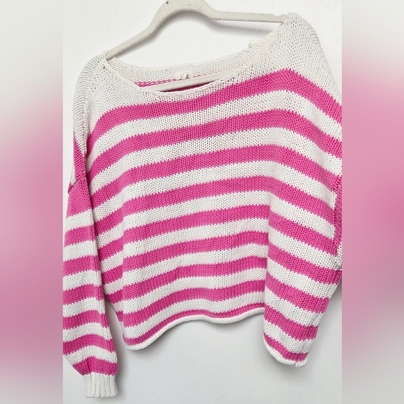 Aerie Off-the-Shoulder Boat Neckline Pink&White Stripe Cotton Blend XL Sweater - Picture 6 of 11
